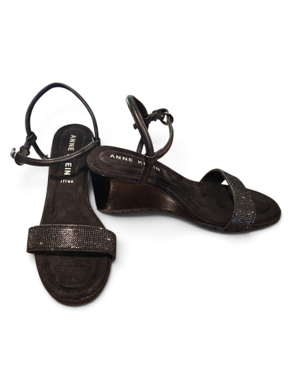 Anne Klein Black Glitter Strap Wedge Sandals
